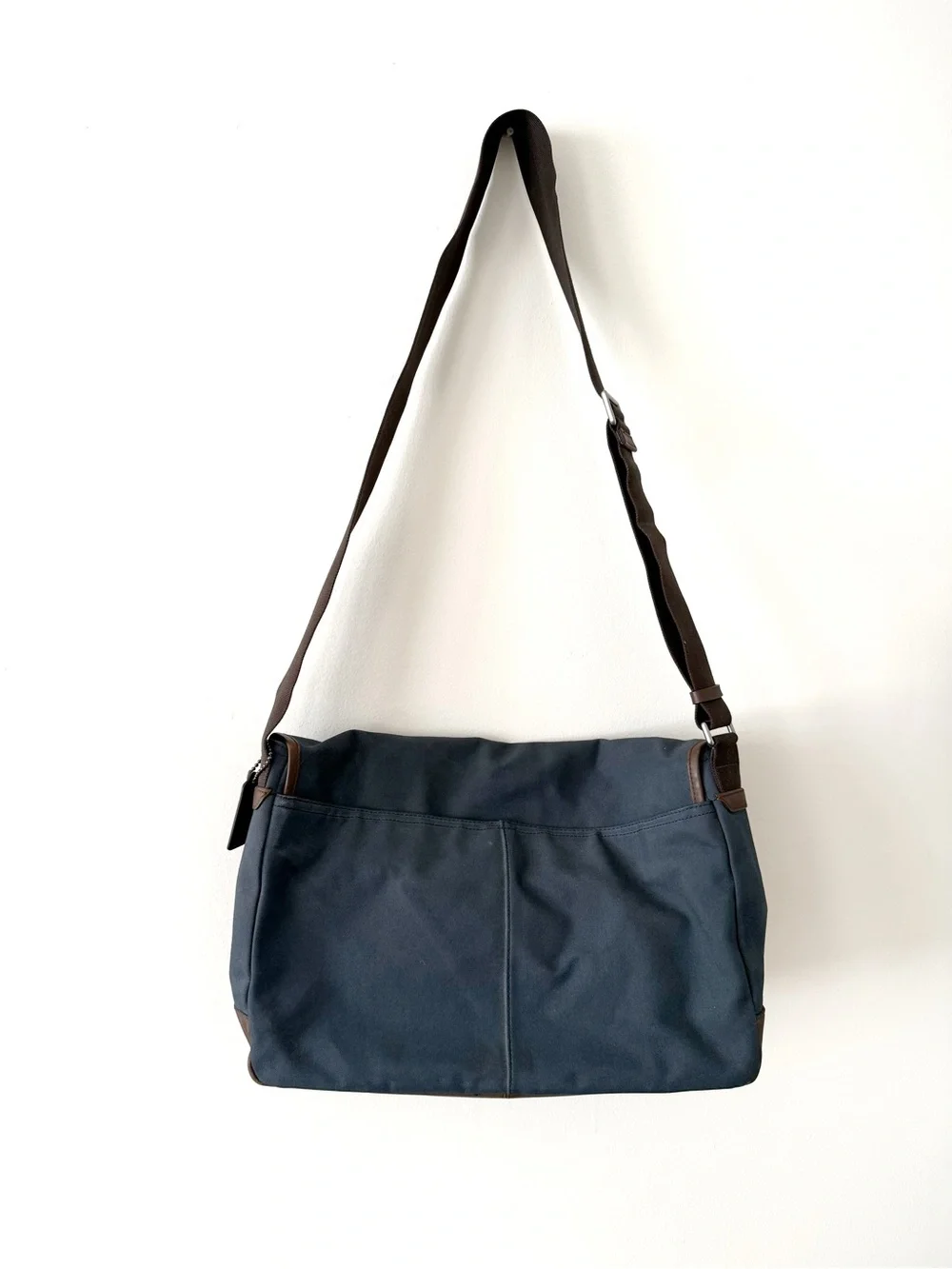 Coach Men's Navy Canvas Messenger Bag with Brown Leather Trim
